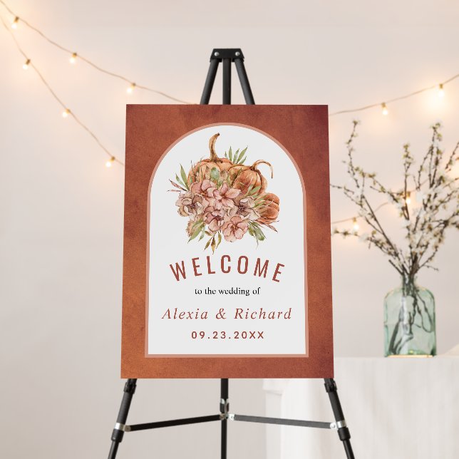 Terracotta flowers and pumpkins welcome wedding foam board (In Situ (Stand))