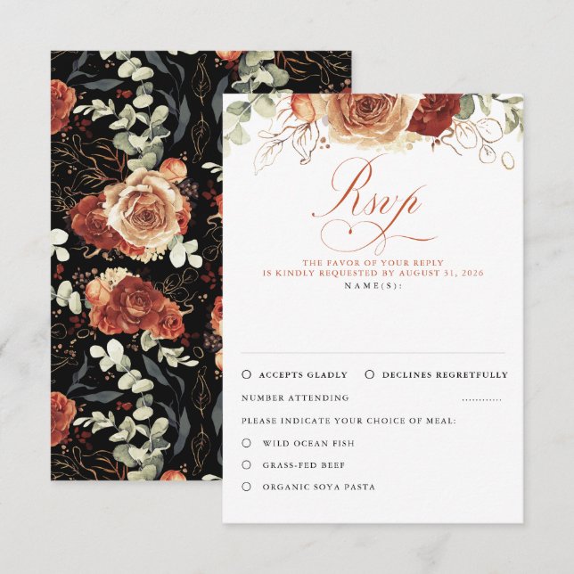 Terracotta Flowers Black Wedding RSVP (Front/Back)