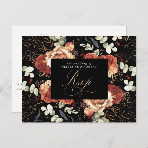 Terracotta Flowers Black Wedding RSVP Postcard