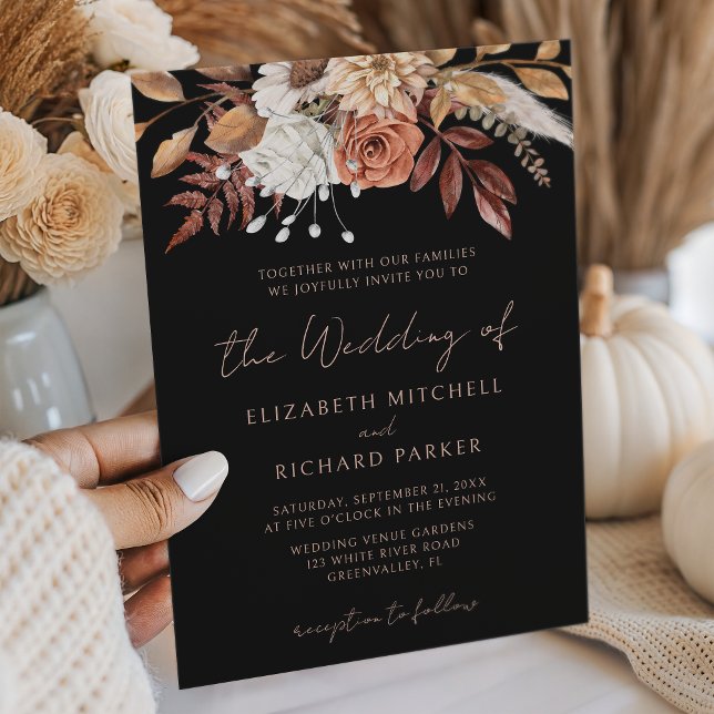 Terracotta Flowers Boho Fall Foliage Black Wedding Invitation (Creator Uploaded)