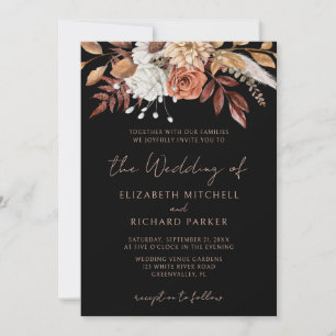 Terracotta Flowers Boho Fall Foliage Black Wedding Invitation