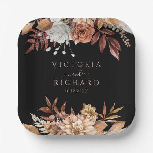 Terracotta Flowers Boho Fall Foliage Black Wedding Paper Plates