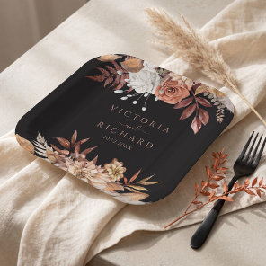 Terracotta Flowers Boho Fall Foliage Black Wedding Paper Plates