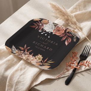 Terracotta Flowers Boho Fall Foliage Black Wedding Paper Plates