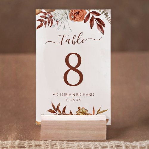 Terracotta Flowers Boho Fall Wedding Table Number