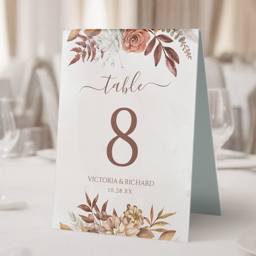 Terracotta Flowers Boho Fall Wedding Table Number Table Tent Sign