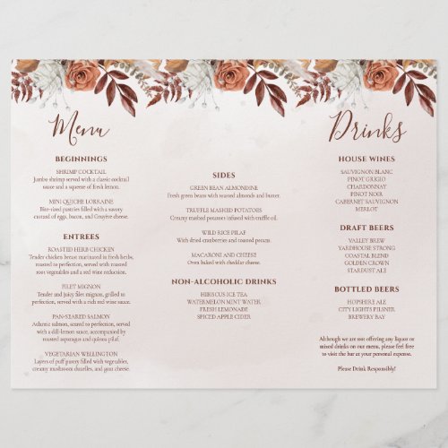 Terracotta Flowers Boho Fall Wedding Trifold Menu