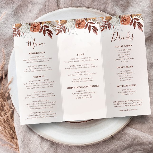 Terracotta Flowers Boho Fall Wedding Trifold Menu (Creator Uploaded)