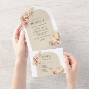 Terracotta Flowers Boho Pampas Grass Wedding All In One Invitation