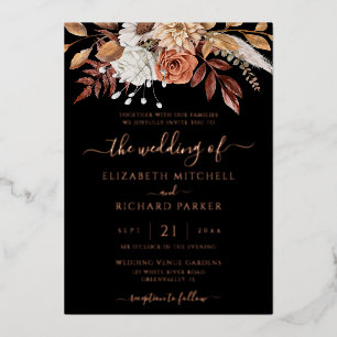 Terracotta Flowers Fall Black Wedding Rose Gold Foil Invitation