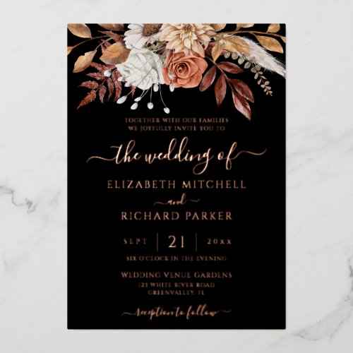 Terracotta Flowers Fall Black Wedding Rose Gold Foil Invitation