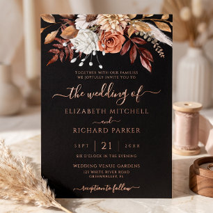 Terracotta Flowers Fall Black Wedding Rose Gold Foil Invitation