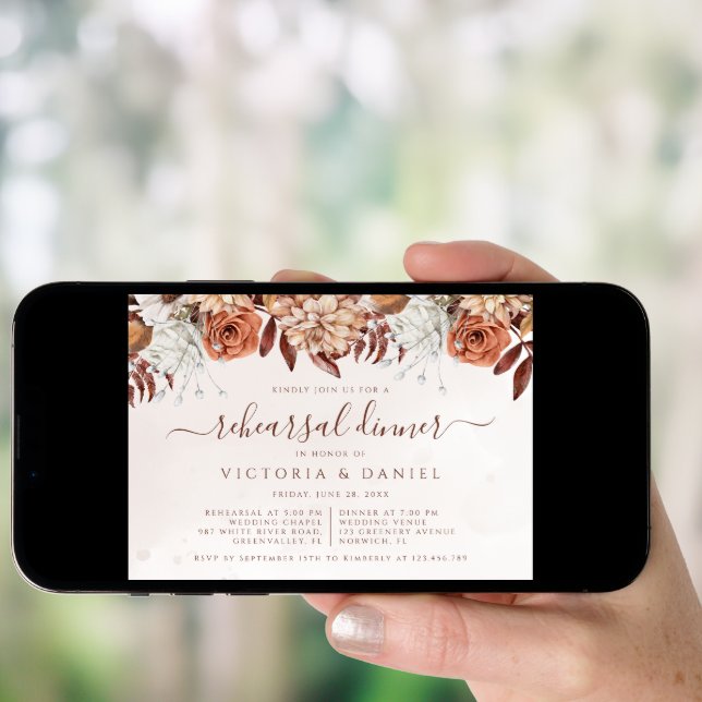 Terracotta Flowers Fall Foliage Rehearsal Dinner Invitation (Front Digital)