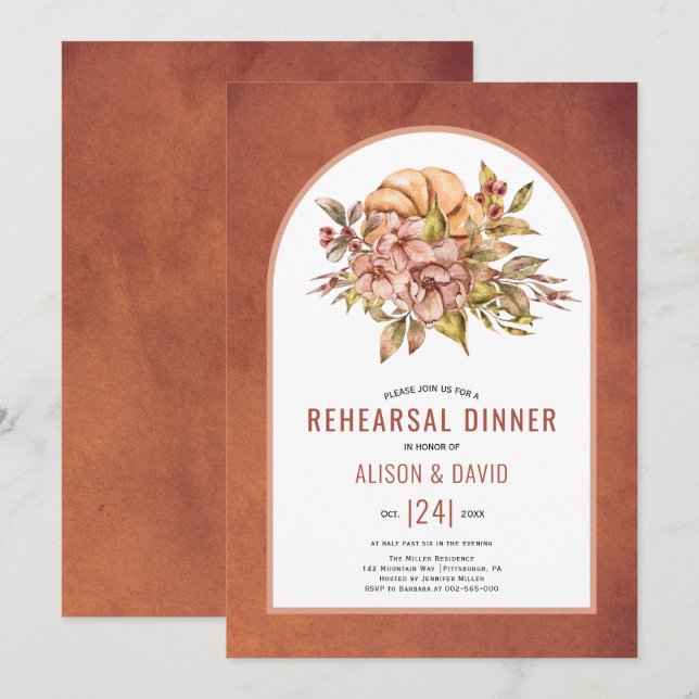 Terracotta flowers fall wedding rehearsal dinner invitation (Front/Back)