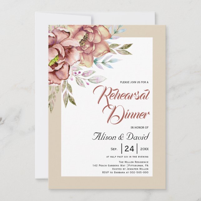 Terracotta flowers fall wedding rehearsal dinner invitation (Front)