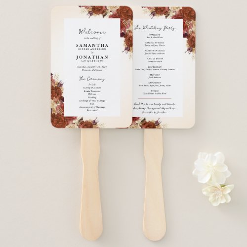 Terracotta Flowers Handwriting Script Wedding Hand Fan