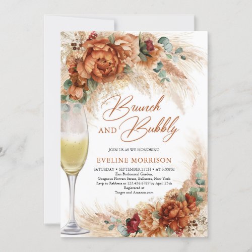 Terracotta flowers pampas grass brunch and bubbly invitation