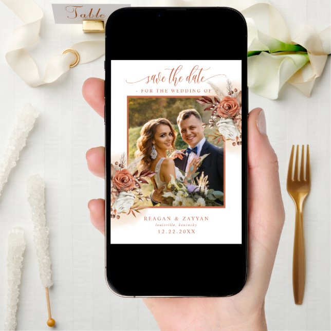 Terracotta Flowers Pampas Grass Save The Date Card (Front Digital)