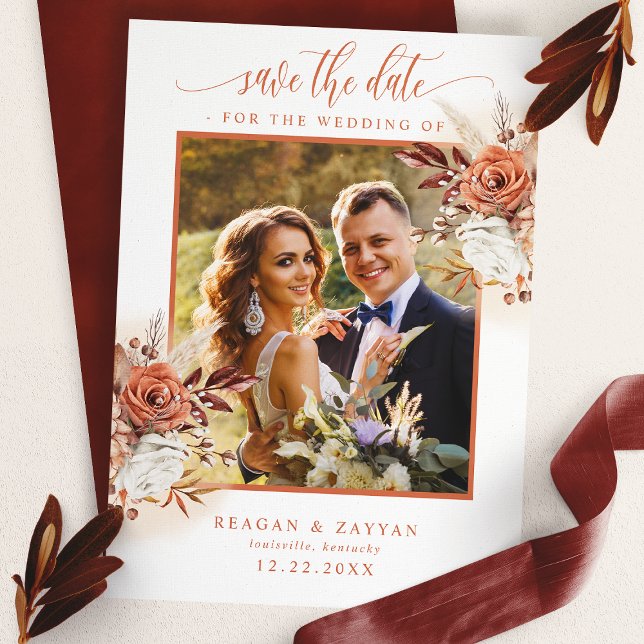 Terracotta Flowers Pampas Grass Save The Date Card (Creator Uploaded)