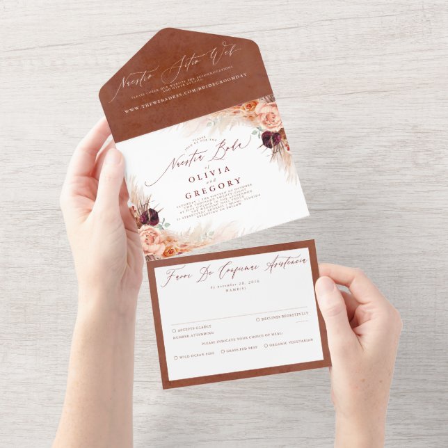 Terracotta Flowers Pampas Grass Spanish Wedding All In One Invitation (Tearaway)