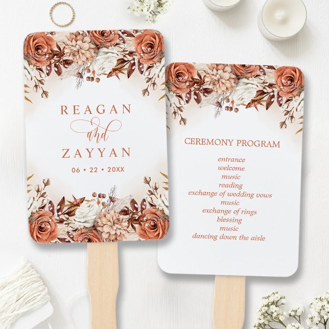 Terracotta Flowers Pampas Wedding Program Hand Fan (Creator Uploaded)