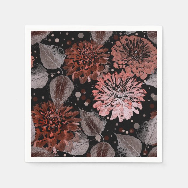 Terracotta flowers with gray leaves on a black  napkins (Front)