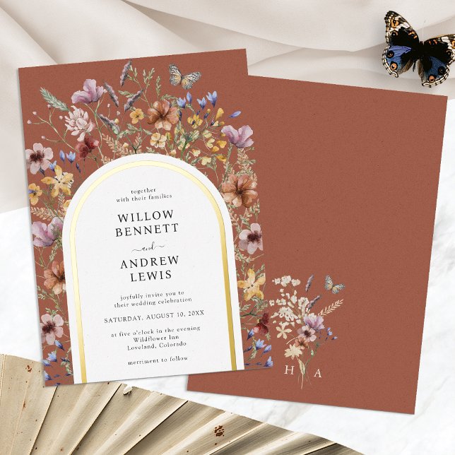 Terracotta Foil Wedding Invitations (Boho Floral Terracotta Foil Wedding Invitations Monogrammed by Painted Paperie
)