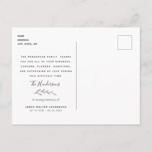 Terracotta Foliage Funeral Thank You Name & Date Postcard (Back)