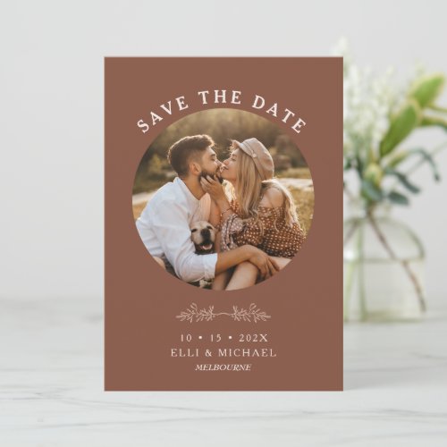 Terracotta Foliage Motif Photo Save The Date Card