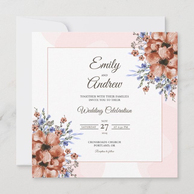 Terracotta Frame Floral Watercolor Square Wedding Invitation (Front)