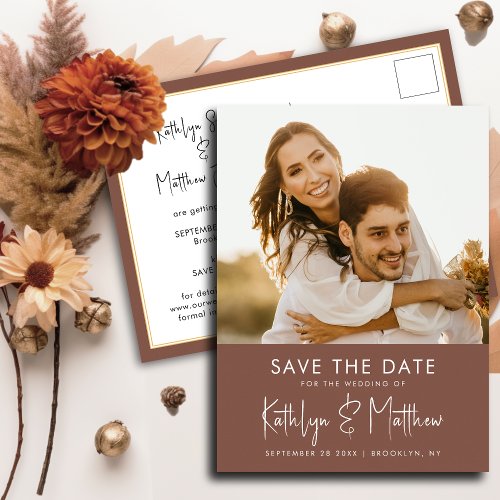 Terracotta Fun Script Modern Photo Simple Wedding  Announcement Postcard