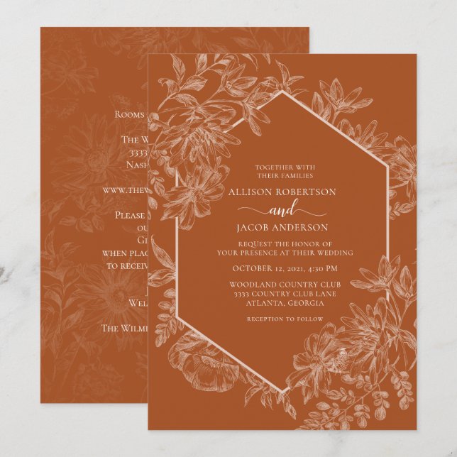 Terracotta Geometric Floral Wedding All In One Invitation (Front/Back)
