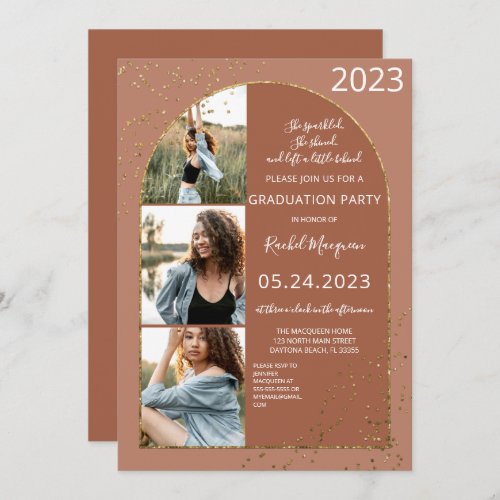 Terracotta Glitter Confetti Photo Graduation Invitation