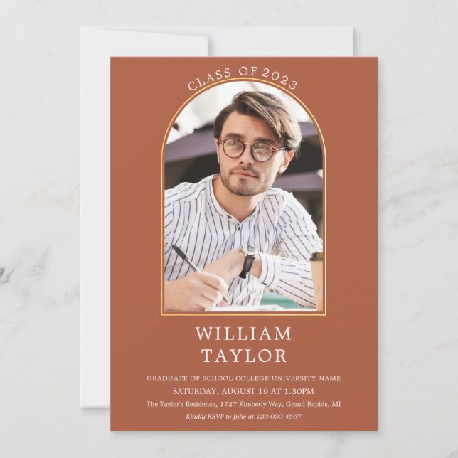 Terracotta Gold Arch Photo Graduation Party Invita Invitation (Front)