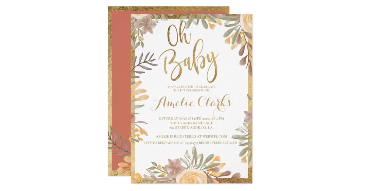 Terracotta gold border chic floral Baby Shower Invitation | Zazzle.com