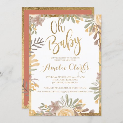 Terracotta gold border chic floral Baby Shower Invitation