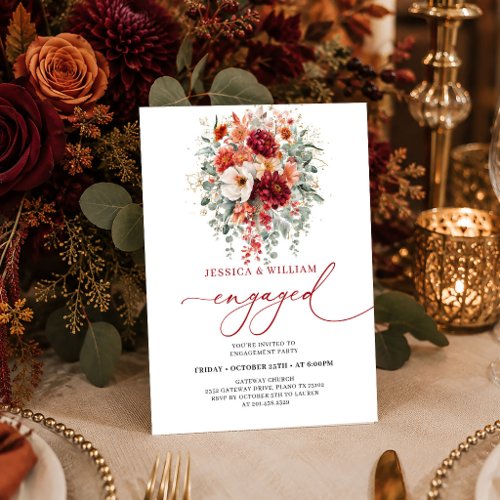 Terracotta Gold Burgundy Floral Autumn engagement  Invitation