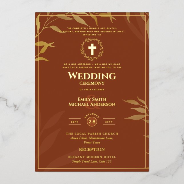 Terracotta Gold Catholic Wedding Elegant Formal Foil Invitation (Front)