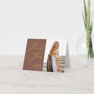 Terracotta Gold Elegant Script Photo Graduation Thank You Card