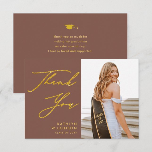 Terracotta Gold Elegant Script Photo Graduation Thank You Card (Front/Back)