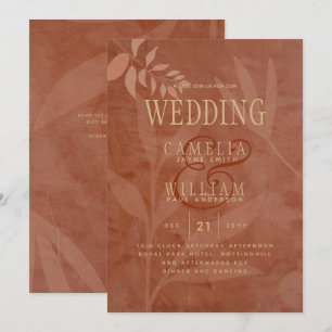 Terracotta Gold Fall Wedding Leaves Modern Invitation