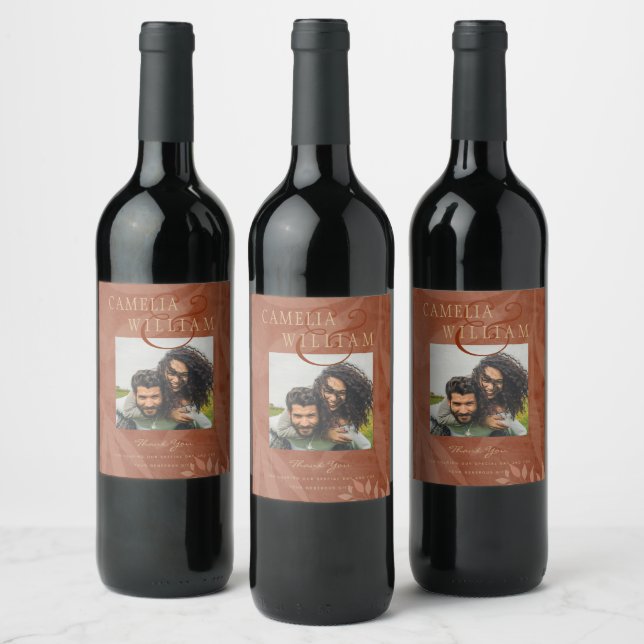 Terracotta Gold Fall Wedding Leaves Modern Wine Label (Bottles)