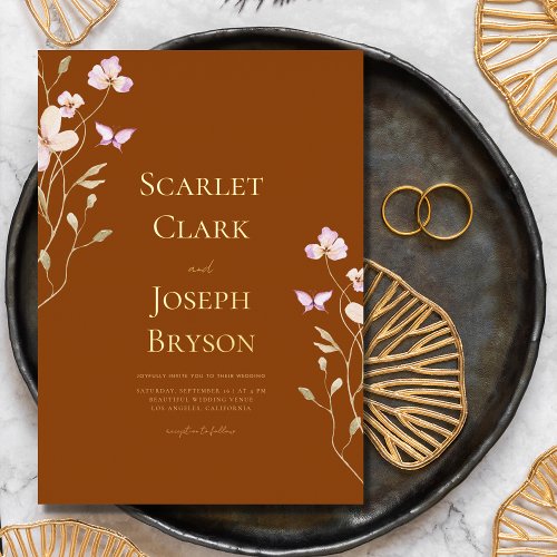 Terracotta Gold  Fall Wildflowers Wedding Real    Foil Invitation