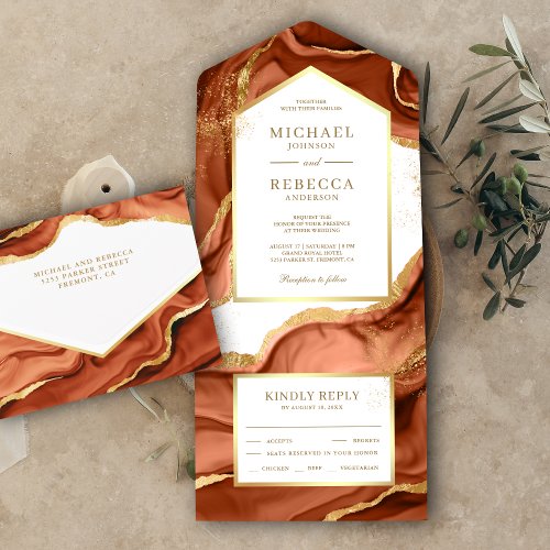 Terracotta Gold Foil Abstract Fluid Ink Wedding All In One Invitation