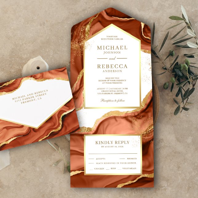 Terracotta Gold Foil Abstract Fluid Ink Wedding All In One Invitation (Creator Uploaded)