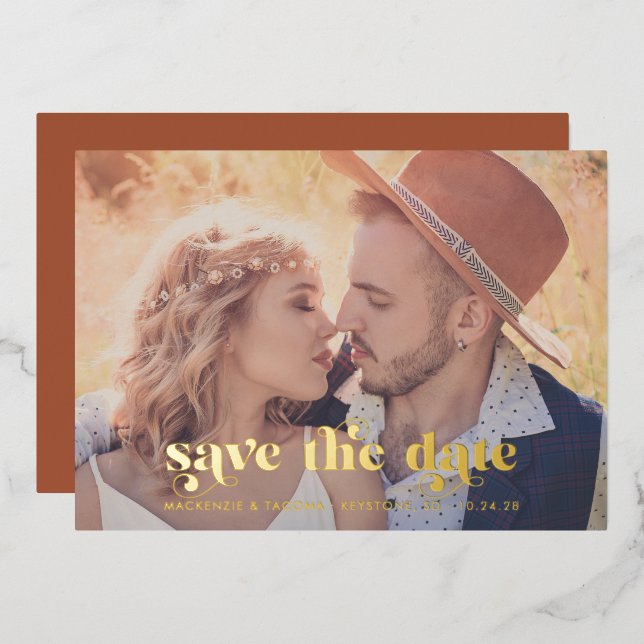 Terracotta Gold Foil Modern Photo Save the Date Invitation (Front/Back)