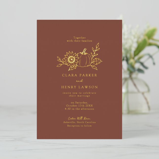 Terracotta Gold Foil Pumpkin Wedding Invitation (Standing Front)