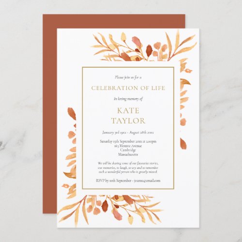 Terracotta Gold Foliage Celebration of Life Invitation