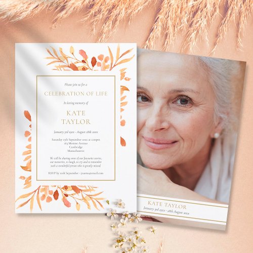 Terracotta Gold Foliage Celebration of Life Photo Invitation