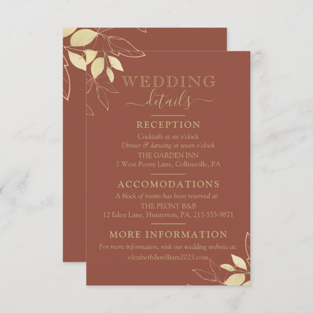 Terracotta & Gold Foliage Modern Botanical Wedding Enclosure Card (Front/Back)